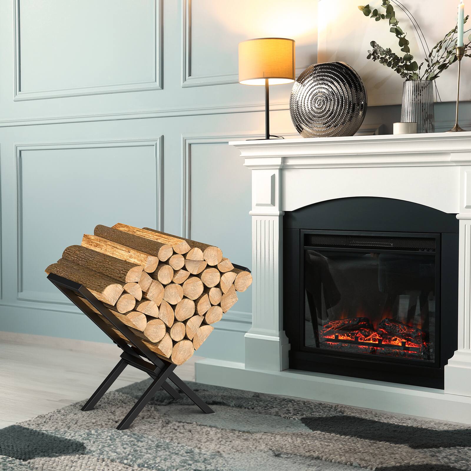 Alt View 2. Oumilen - Small X-Shaped Firewood Rack, Heavy Duty Metal Log Holder with Anti-Rust Coating for Indoor and Outdoor Use - Black.