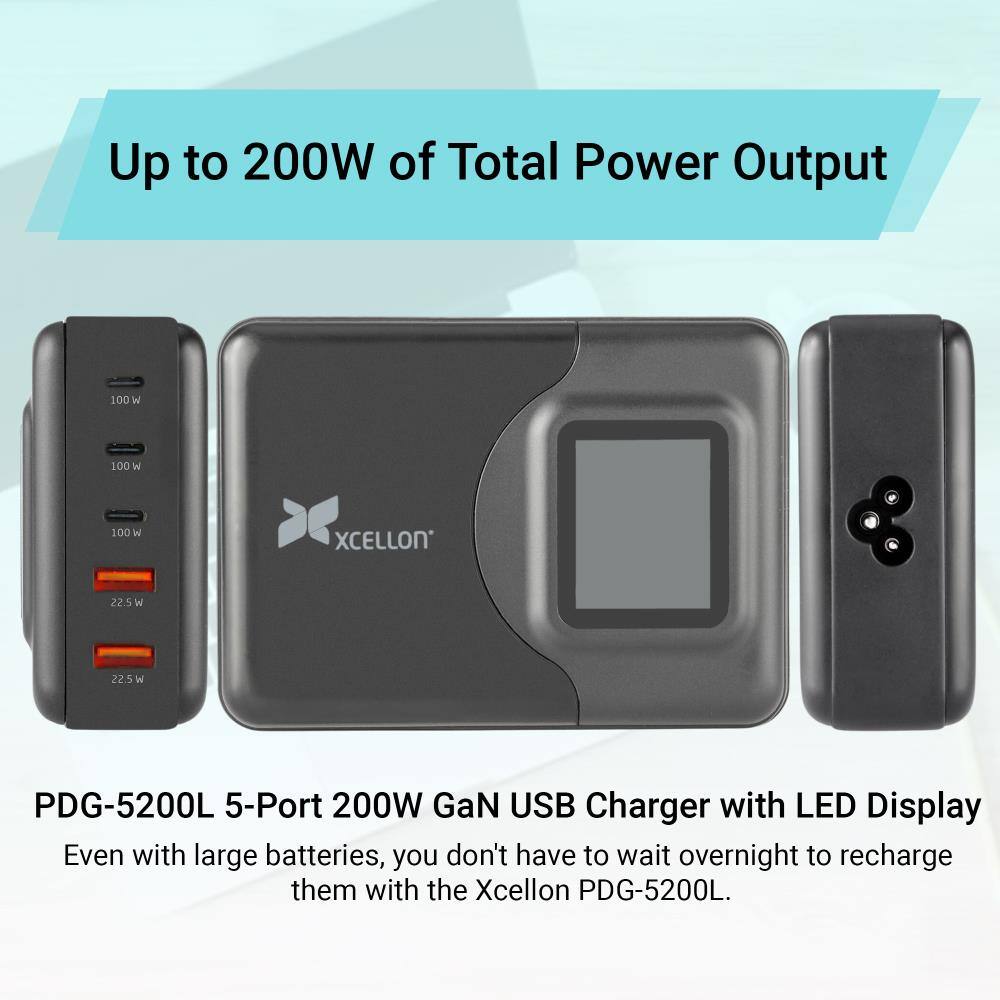 Up to 200W of Total Power Output

100 W
100 W
100 W
22.5 W
22.5 W

XCELLON

PDG-5200L 5-Port 200W GaN USB Charger with LED Display

Even with large batteries, you don't have to wait overnight to recharge them with the Xcellon PDG-5200L.
