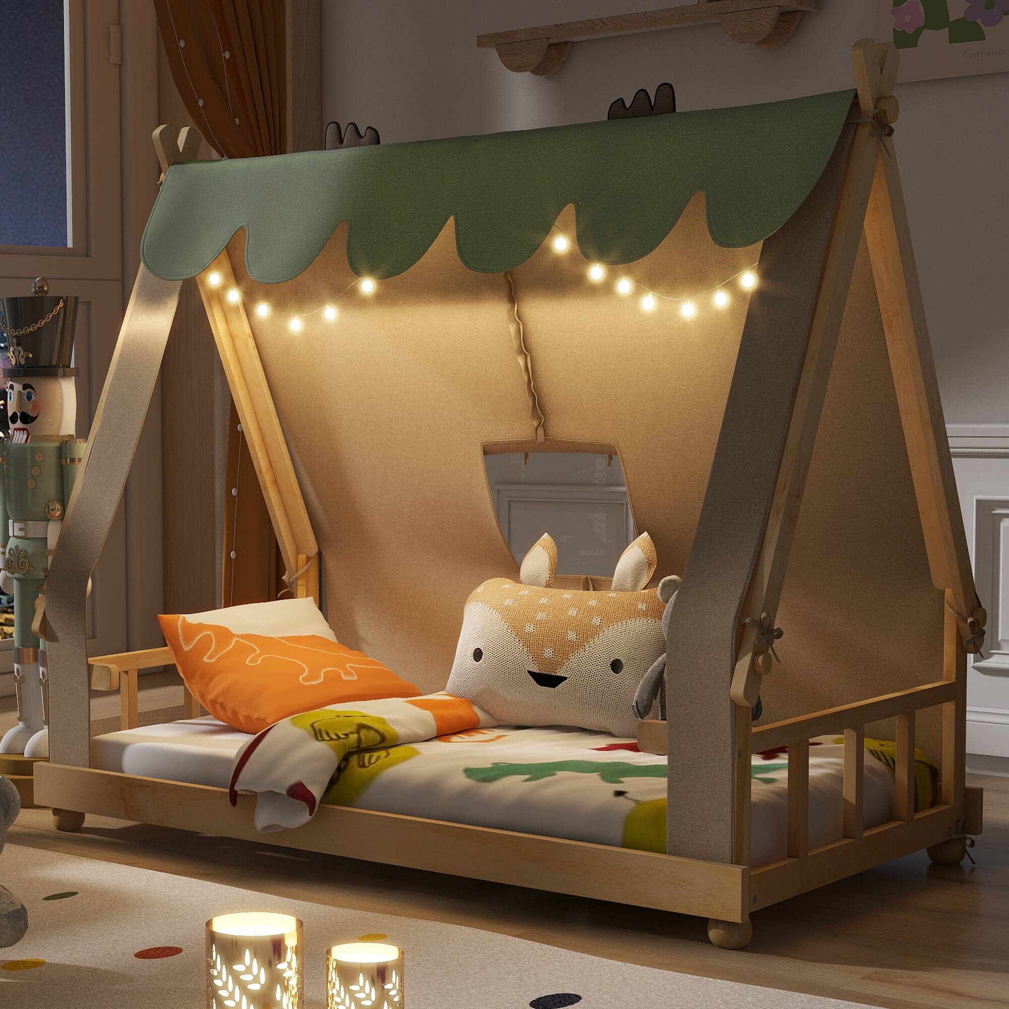 Left. Anysun - Twin Size House Bed with Tent and Light - White.