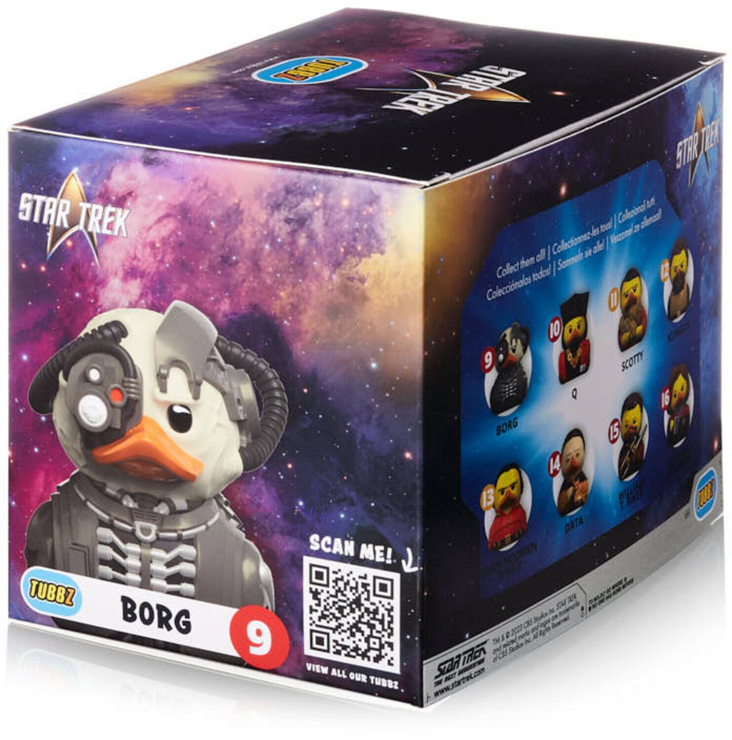 The text on the image can be grouped and corrected as follows:

**Star Trek Tubbz Borg**

- Collect them all! / Colecciona el todo / Collecciona todo / Sommnel le tout / Sommnel todo
- Scotty Q 16
- Borg 15
- 14
- 13
- Wlean To
- Data Scan Me! 9
- View all our Star Trek Tubbz at www.stacel.com

The image shows a box featuring a Tubbz Borg character from Star Trek.