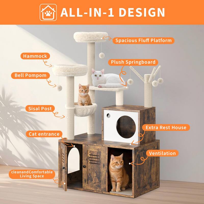 ALL-IN-1 DESIGN

- Spacious Fluff Platform
- Plush Springboard
- Hammock
- Bell Pom Pom
- Sisal Post
- Cat entrance
- Extra Rest House
- Ventilation
- Clean and Comfortable Living Space