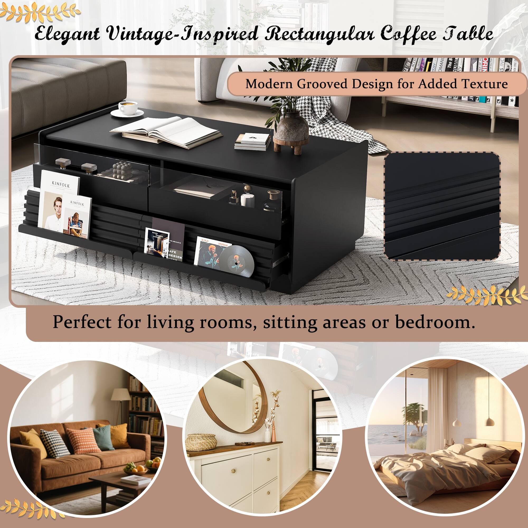 Elegant Vintage-Inspired Rectangular Coffee Table

Modern Grooved Design for Added Texture

Perfect for living rooms, sitting areas or bedroom.