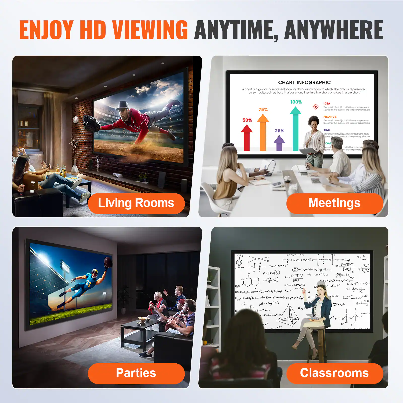 ENJOY HD VIEWING ANYTIME, ANYWHERE

- Living Rooms
- Meetings
- Parties
- Classrooms

CHART INFOGRAPHIC

A chart is a graphical representation of data in which the data is visualized through the use of symbols such as bars, lines, and points. 

- 75%
- 100%
- 50%
- 25%

FINANCE TIME IDEA