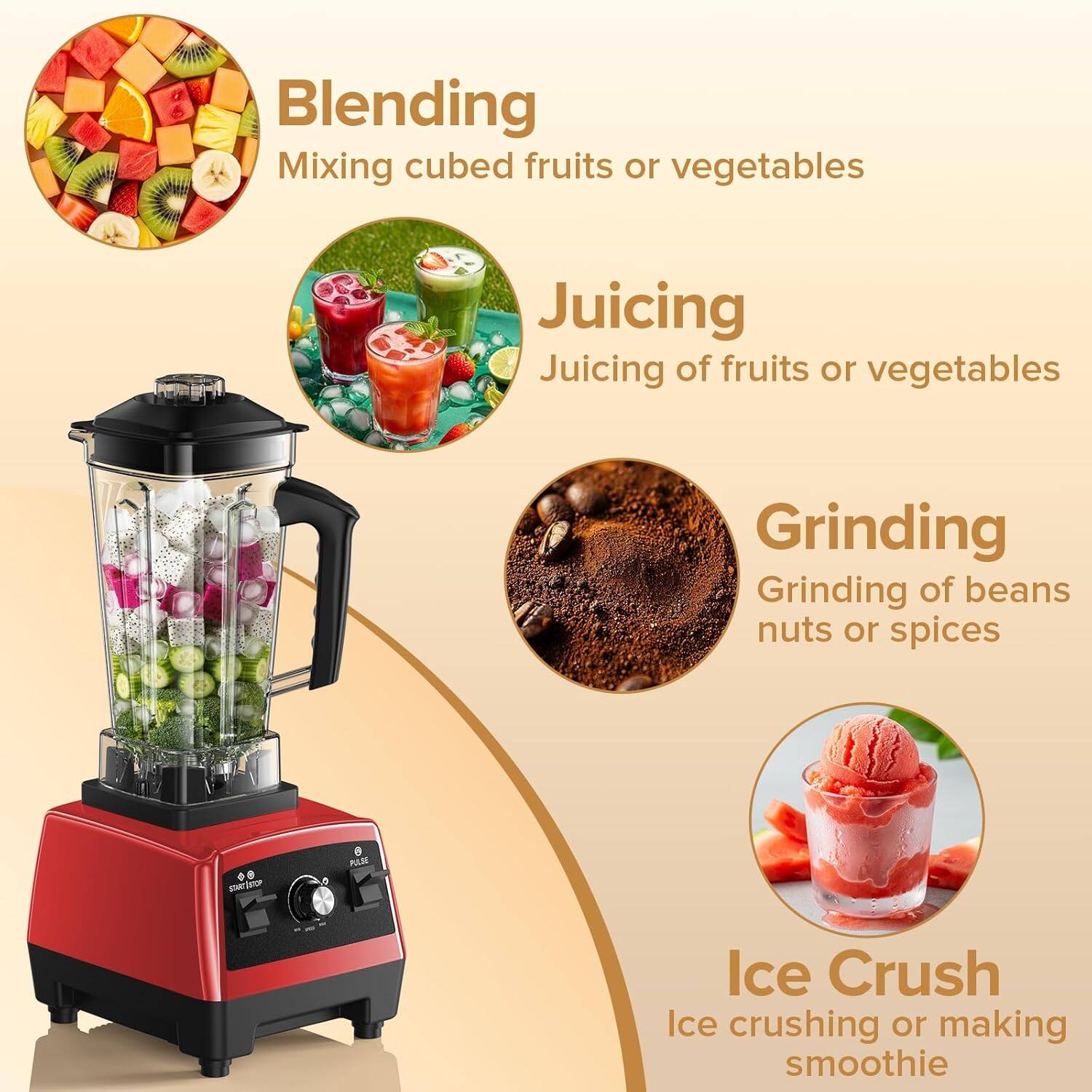 Blending: Mixing cubed fruits or vegetables  
Juicing: Juicing of fruits or vegetables  
Grinding: Grinding of beans, nuts or spices  
Ice Crush: Ice crushing or making smoothie