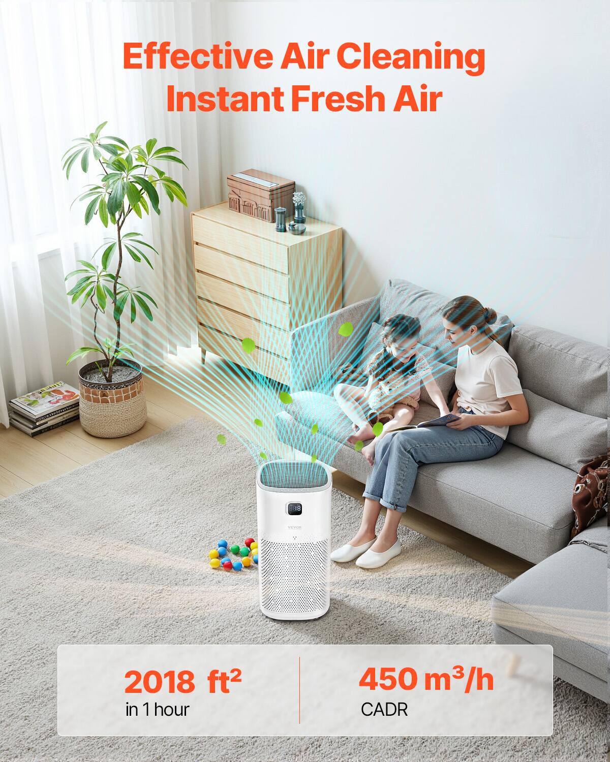 Effective Air Cleaning  
Instant Fresh Air  

2018 ft² in 1 hour  

450 m³/h CADR