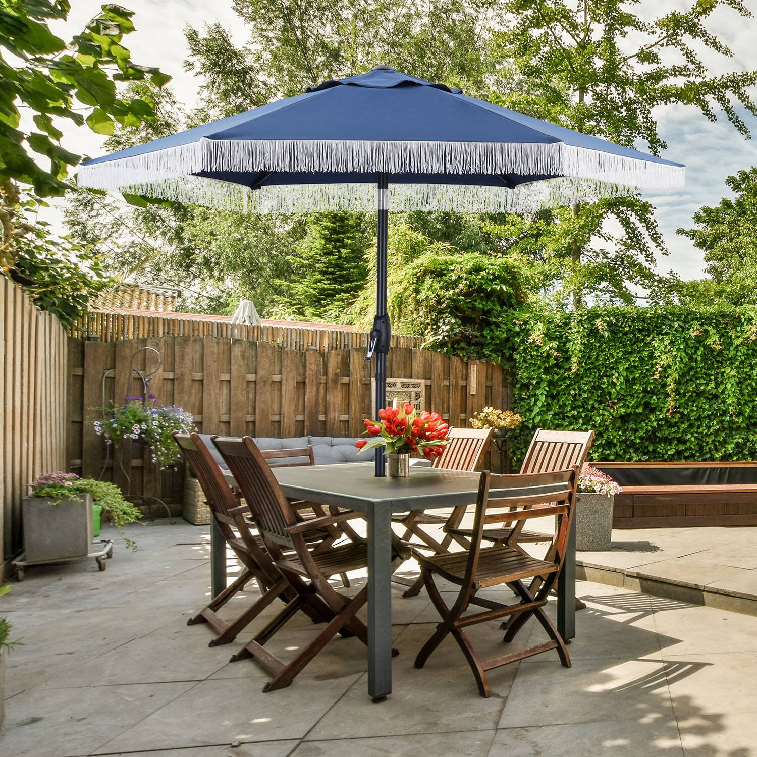 Left. Ainfox - Ainfox 7.5ft Patio Umbrella with Fringe for Event Outdoor Garden Yard Deck Wedding Themed Restaurant Cafe Bistro Set - Navy Blue.