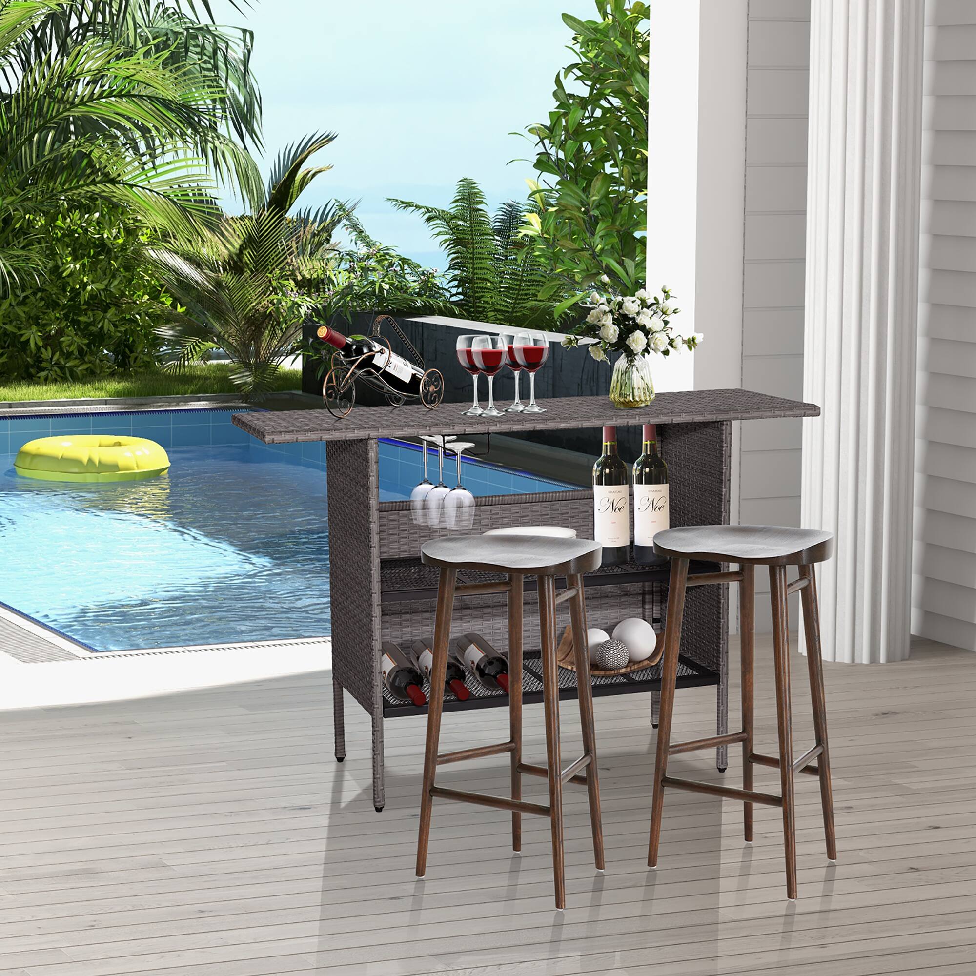 Alt View 4. Gymax - Gymax Patio Rattan Wicker Bar Height Counter Table Storage Shelf Rail Garden - Mix Gray.