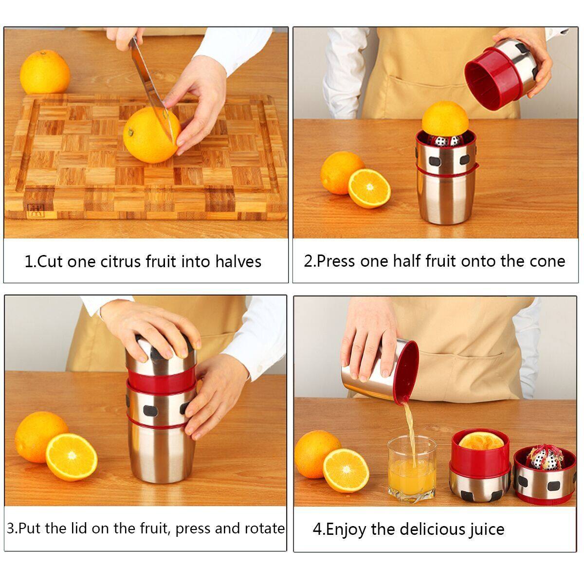 1. Cut one citrus fruit into halves  
2. Press one half fruit onto the cone  
3. Put the lid on the fruit, press and rotate  
4. Enjoy the delicious juice