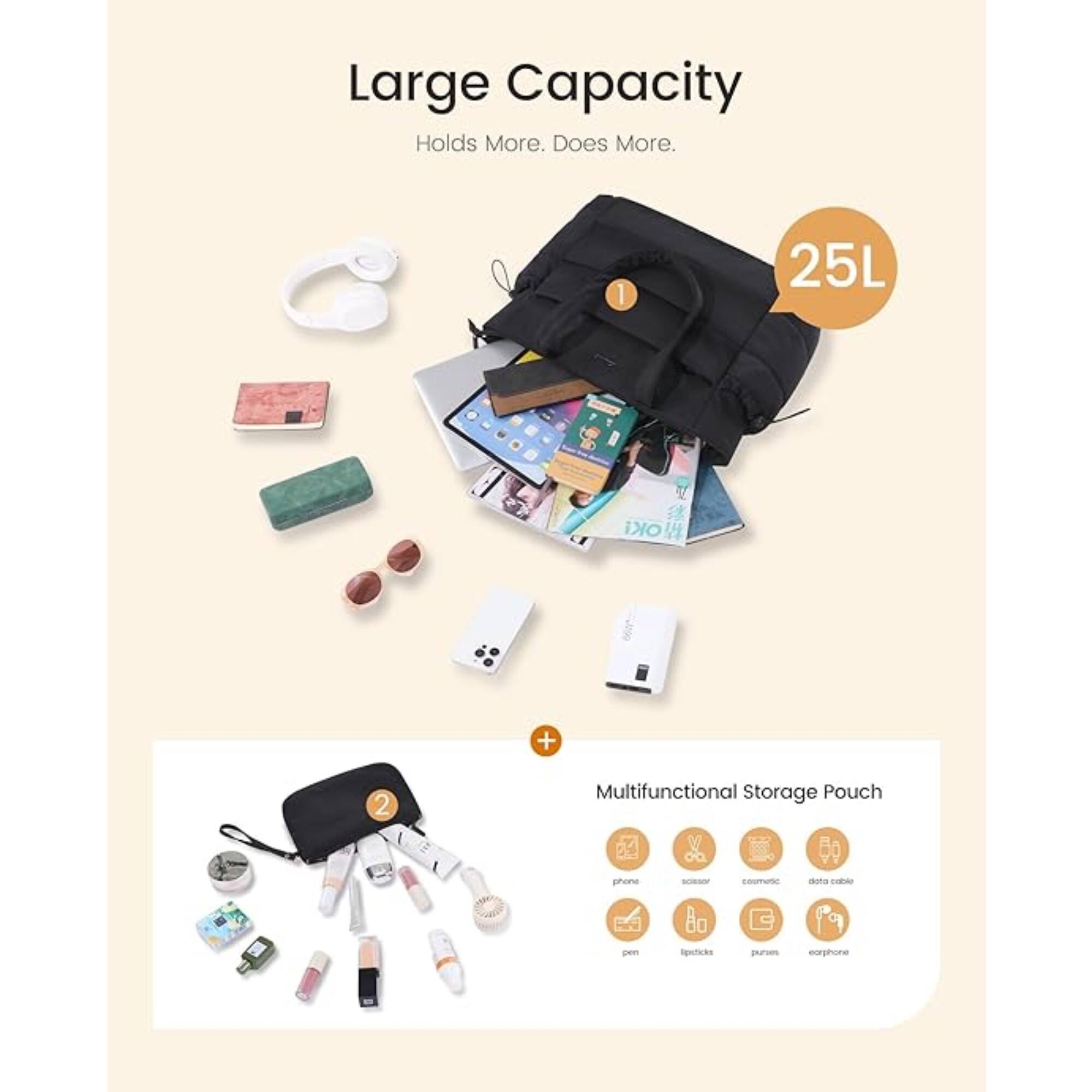 Large Capacity  
Holds More. Does More.  
1  
25L  
OKi  
+  
2  
Multifunctional Storage Pouch  
phone  
pocket  
cosmetic  
data cable  
pen  
lipsticks  
purse  
earphone