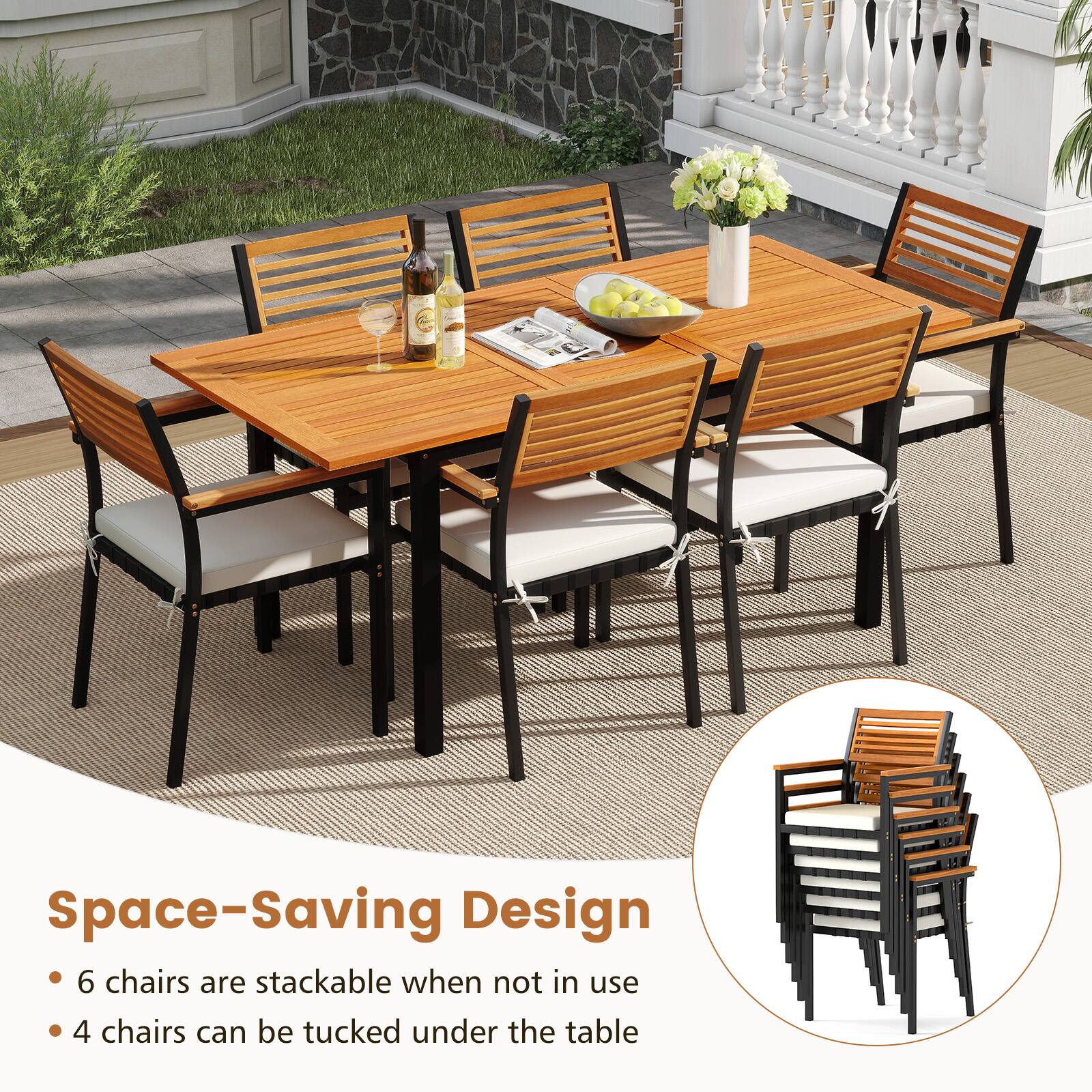 Space-Saving Design

- 6 chairs are stackable when not in use
- 4 chairs can be tucked under the table
