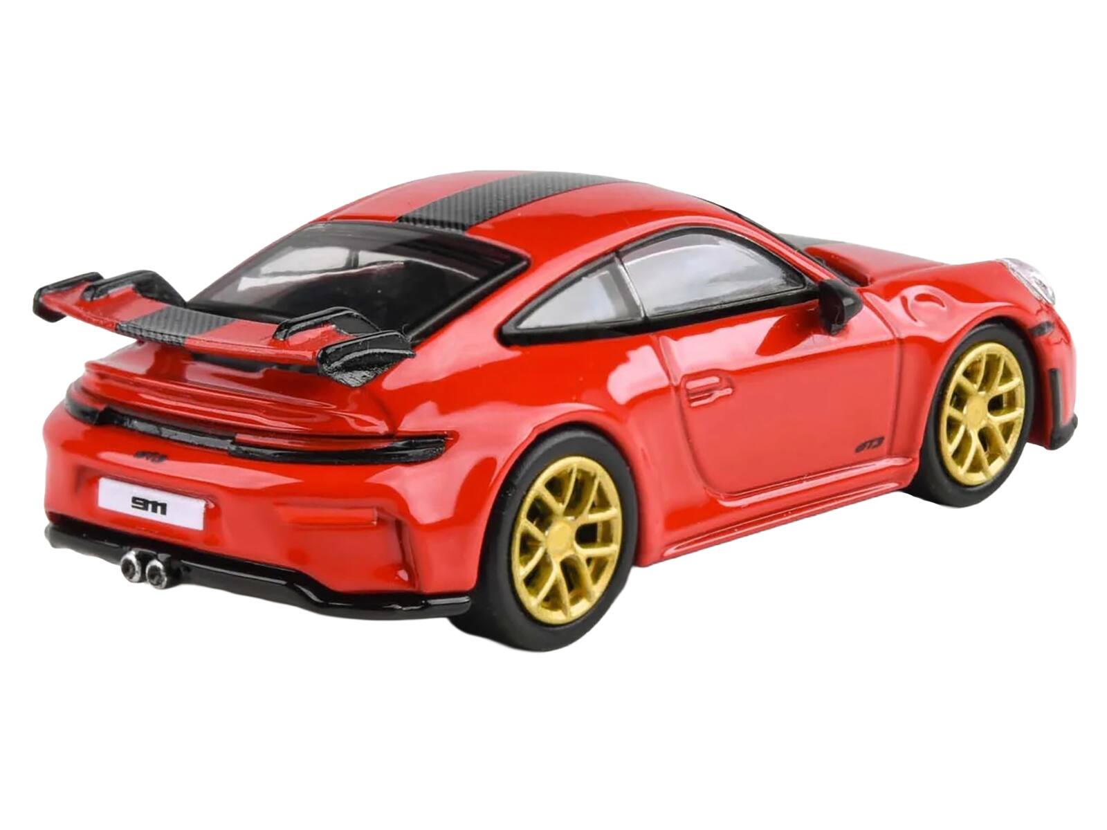 Left. Paragon - 2025 Porsche 911 GT3 (992.2) Guards Red with Carbon Stripe and Gold Wheels 1/64 Diecast Model Car by Paragon Models - Red.