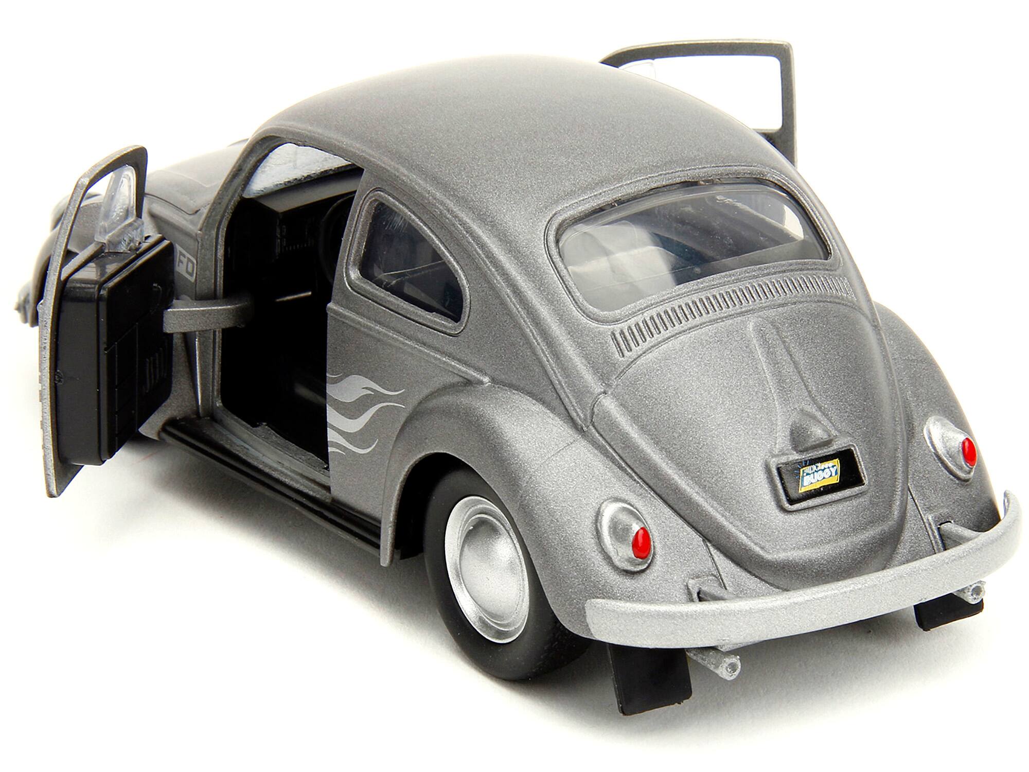 Back. Jada - 1959 Volkswagen Beetle Gray Metallic with Silver Flames and Boxing Gloves Accessory "Punch Buggy" Series 1/32 - Gray Metallic With Silver Flames.