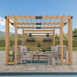 SUNJOY - 10.5 ft. x 10 ft. Sophia Cedar Pergola with Adjustable Hanging Planters - wood
