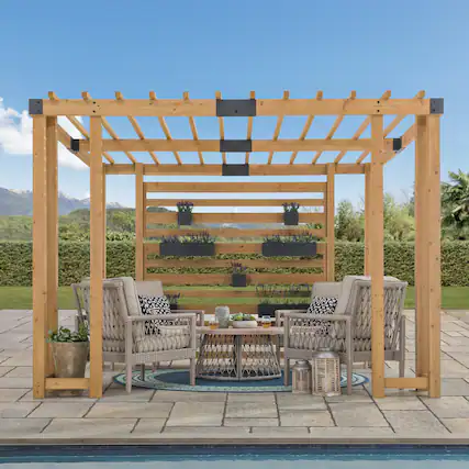 Front. SUNJOY - Sunjoy 10.5 ft. x 10 ft. Sophia Cedar Wood Pergola with Adjustable Hanging Planters - wood.