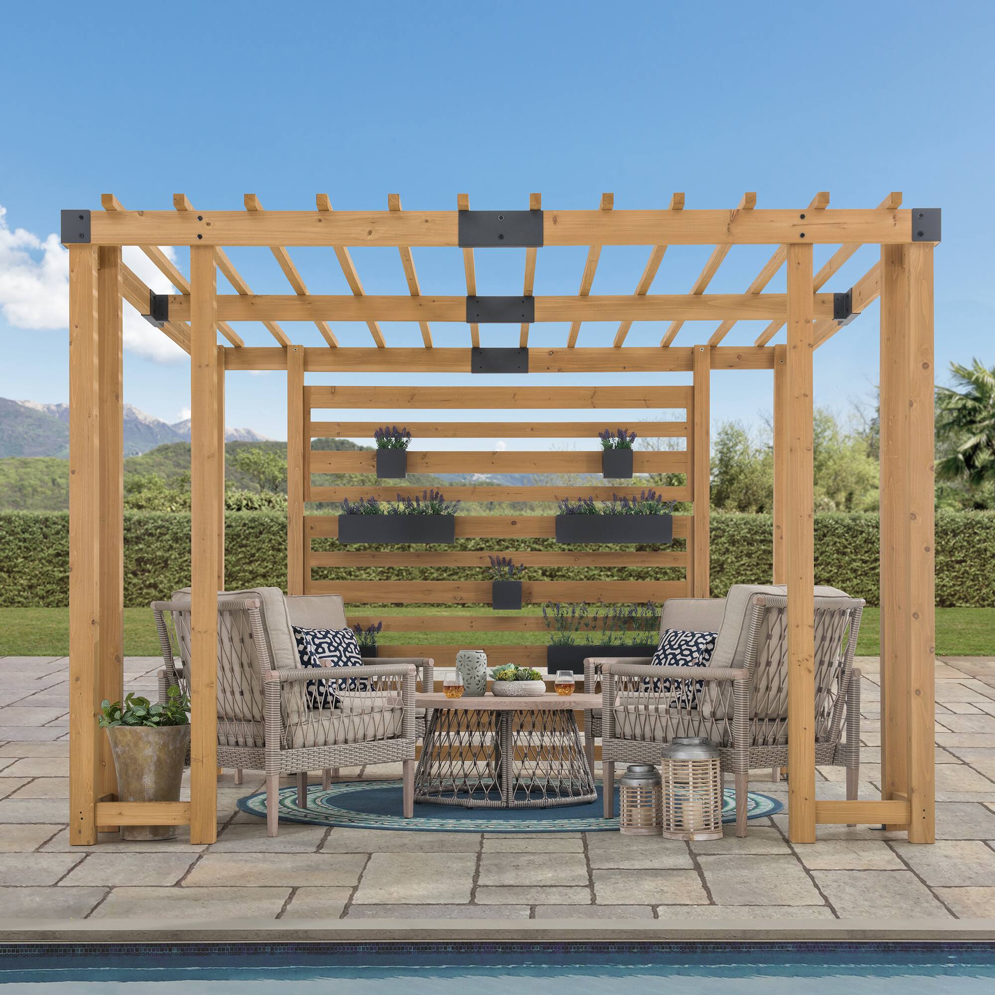Front. SUNJOY - Sunjoy 10.5 ft. x 10 ft. Sophia Cedar Wood Pergola with Adjustable Hanging Planters - wood.