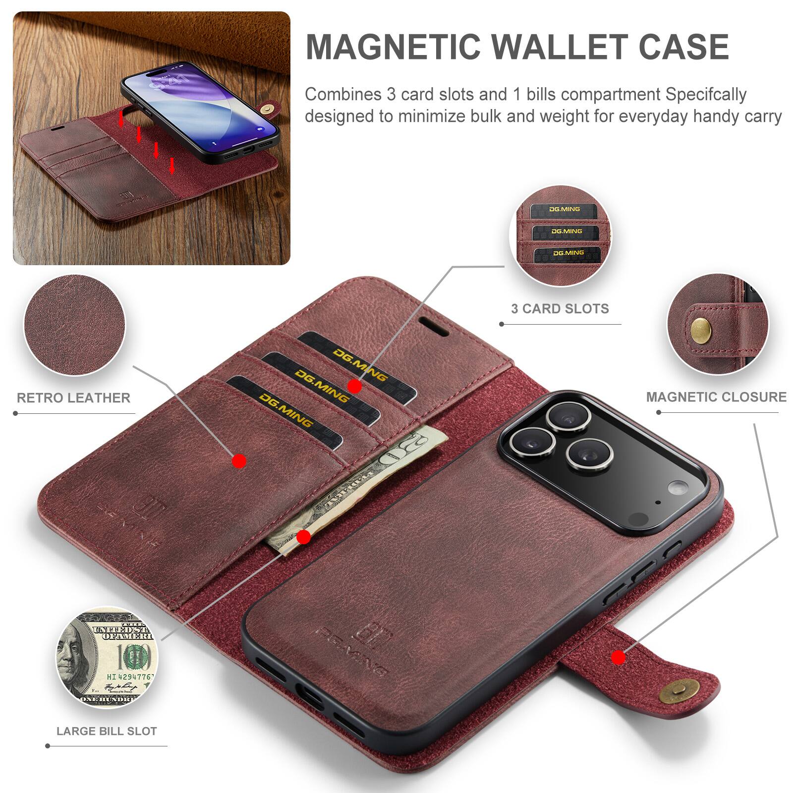 MAGNETIC WALLET CASE

Combines 3 card slots and 1 bills compartment. Specifically designed to minimize bulk and weight for everyday handy carry.

- RETRO LEATHER
- 3 CARD SLOTS
- MAGNETIC CLOSURE
- LARGE BILL SLOT