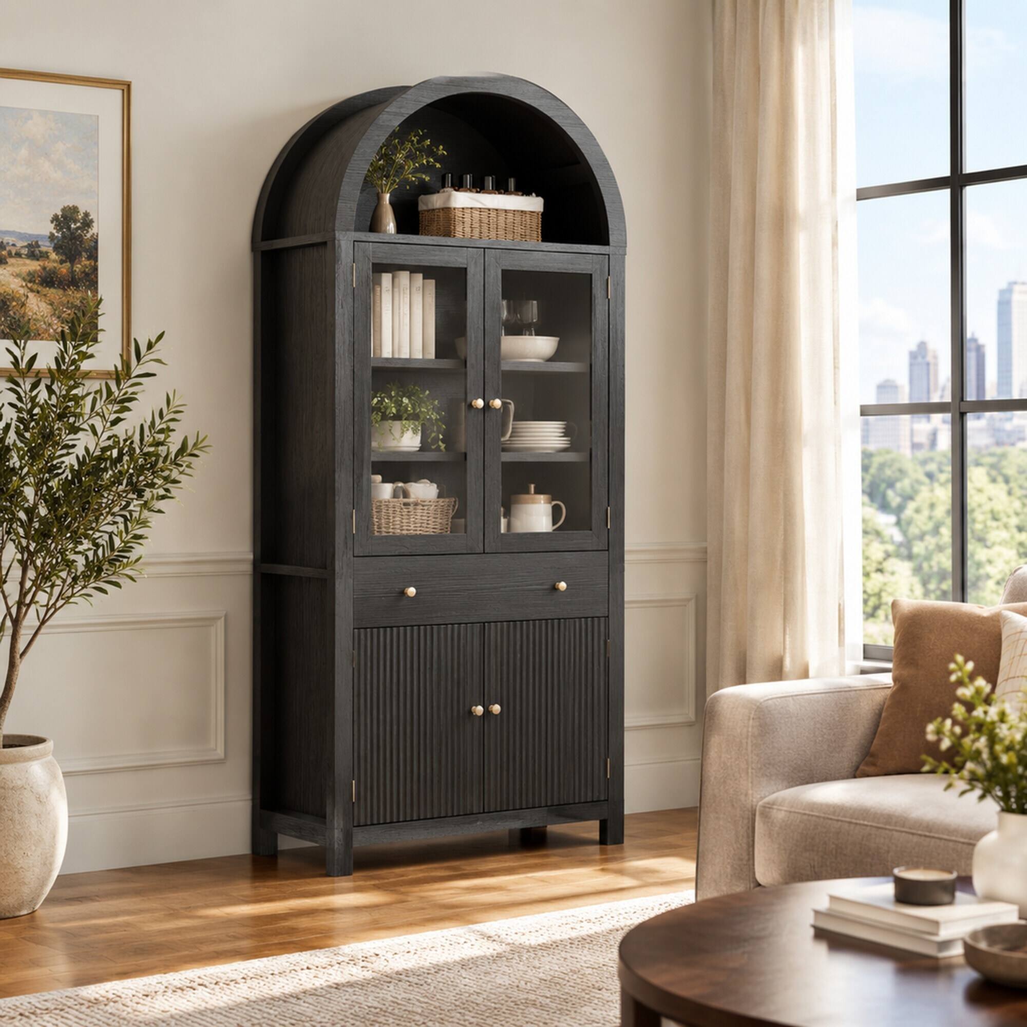 Back. RYHNUYNE - Freestanding 71 Inch Fluted Tall Arched Pantry Cabinet with Adjustable Shelves, Hidden Drawer and Glass Door, Black - Black.