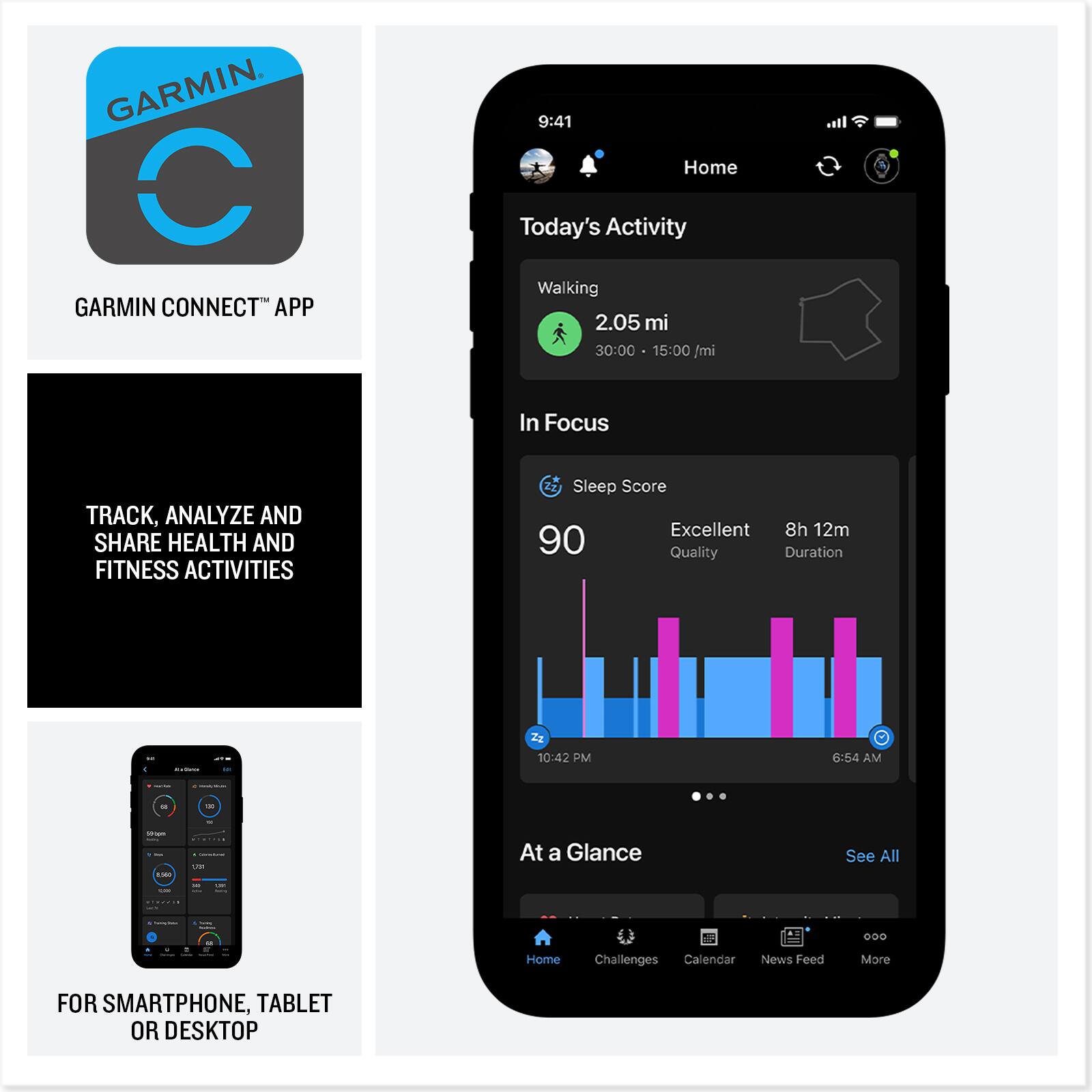 GARMIN CONNECT APP

9:41 Home Today's Activity Walking 2.05 mi 30:00 15:00 /mi

In Focus
TRACK, ANALYZE AND SHARE HEALTH AND FITNESS ACTIVITIES

Sleep Score Excellent 8h 12m 90 Quality Duration

10:42 PM
6:54 AM

At a Glance
See All

112
50

TERVAL

Home
Challenges Calendar
News Feed
More

FOR SMARTPHONE, TABLET OR DESKTOP