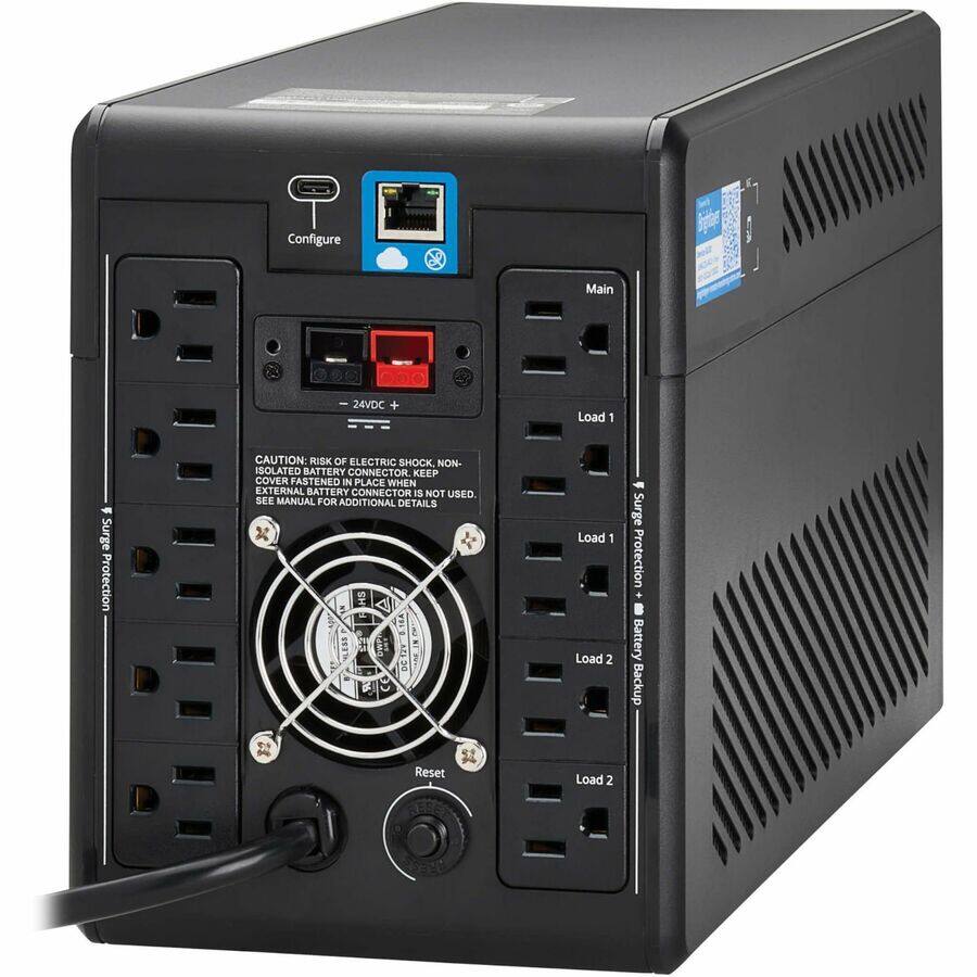 Configure  
Main 24VDC +  
Load 1  
Surge Protection  
CAUTION: RISK OF ELECTRIC SHOCK, NON-ISOLATED BATTERY CONNECTOR  
KEEP COVER FASTENED IN PLACE WHEN EXTERNAL BATTERY CONNECTOR IS NOT USED  
SEE MANUAL FOR ADDITIONAL DETAILS  
Load 1  
Load 2  
Surge Protection  
Battery Backup  
Reset  
Load 2