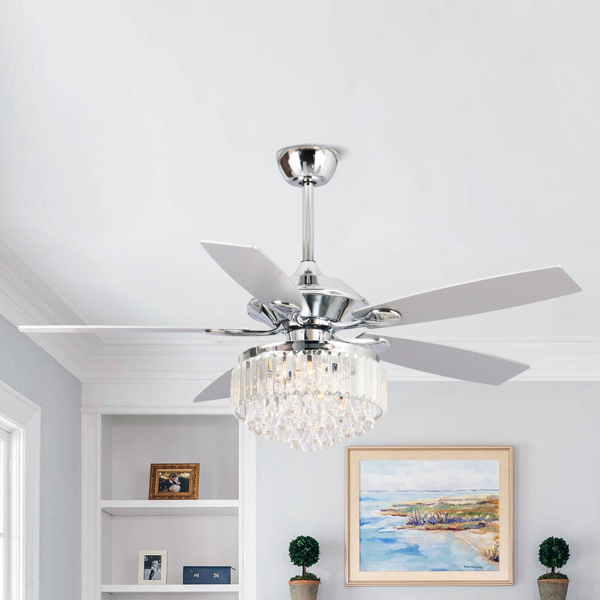 Angle. Parrot Uncle - 52" Modern Chrome Crystal Indoor Ceiling Fan Chandelier with Remote - Black.