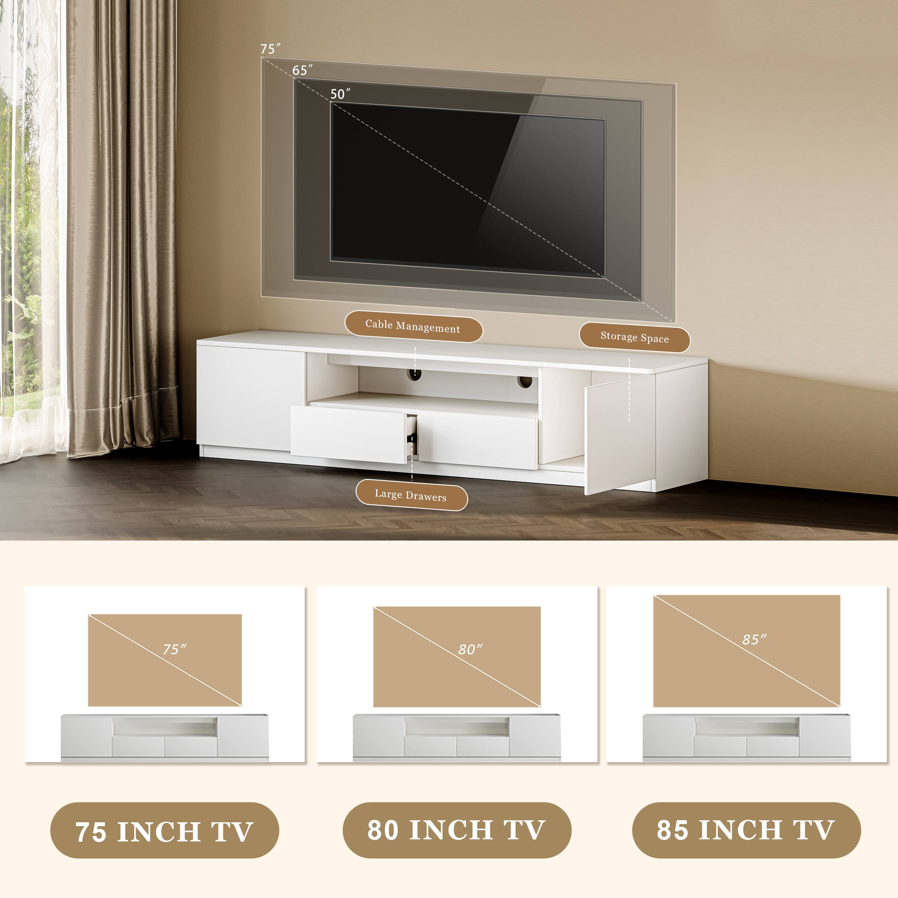 Alt View 4. MSOOB - Modern Media Console Tv Stand For 65/70/75 Inch Tv, Tv Cabinet With Storage Drawers - White.