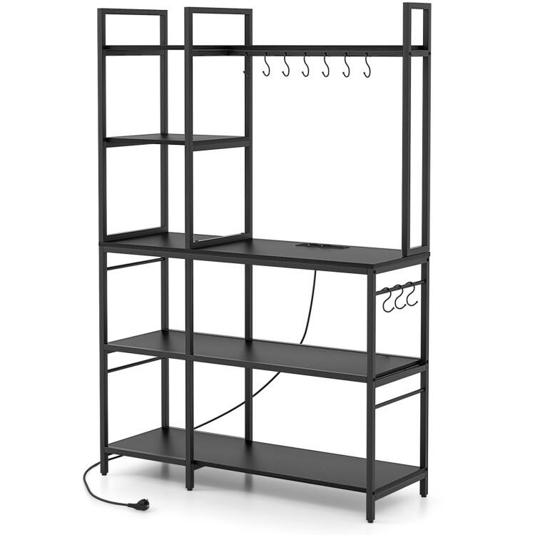 Front. SlickBlue - 5-Tier Storage Baker’s Rack with Outlets and 10 S-Shaped Hooks - Black.