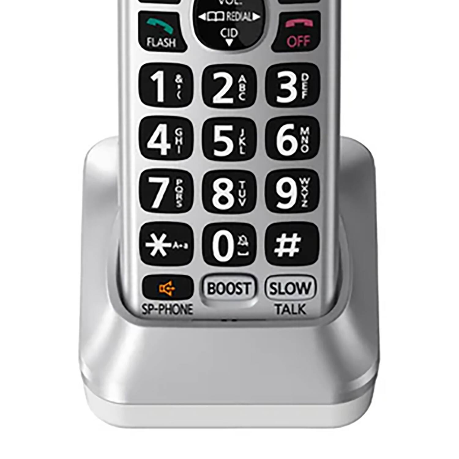 Sure, here is the corrected and grouped text from the image:

- FLASH
- CID
- OFF
- 1
- 2 ABC
- 3 DEF
- 4 GHI
- 5 JKL
- 6 MNO
- 7 PQRS
- 8 TUV
- 9 WXYZ
- 0
- #
- BOOST
- SLOW
- SP-PHONE
- TALK