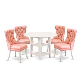 East West Furniture - 5 Piece Dining Set Consists of a Round Kitchen Table with Dropleaf & Shelves - White