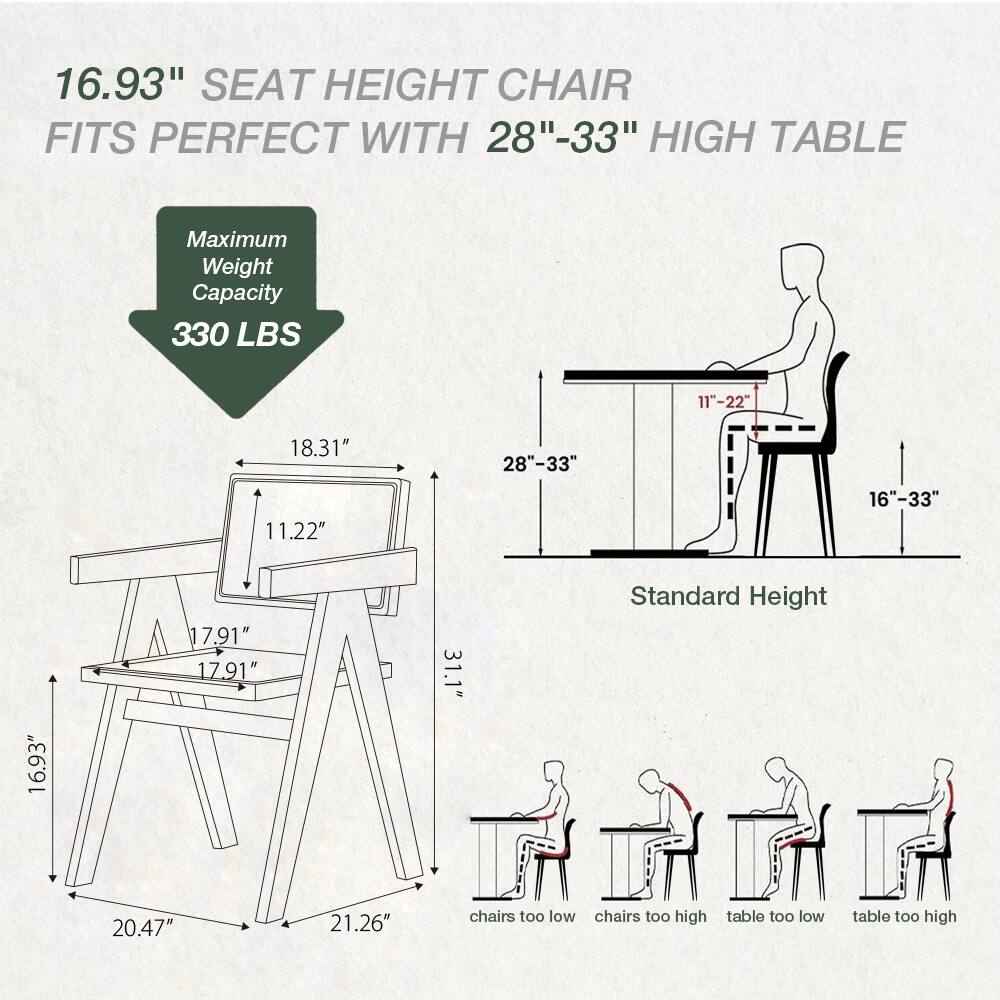16.93" SEAT HEIGHT CHAIR FITS PERFECT WITH 28"-33" HIGH TABLE  
Maximum Weight Capacity 330 LBS  
11"-22"  
18.31"  
11.22"  
28"-33"  
16"-33"  
16.93"  
17.91"  
17.91"  
31.1"  
Standard Height 20.47" 21.26"  
chairs too low chairs too high table too low table too high