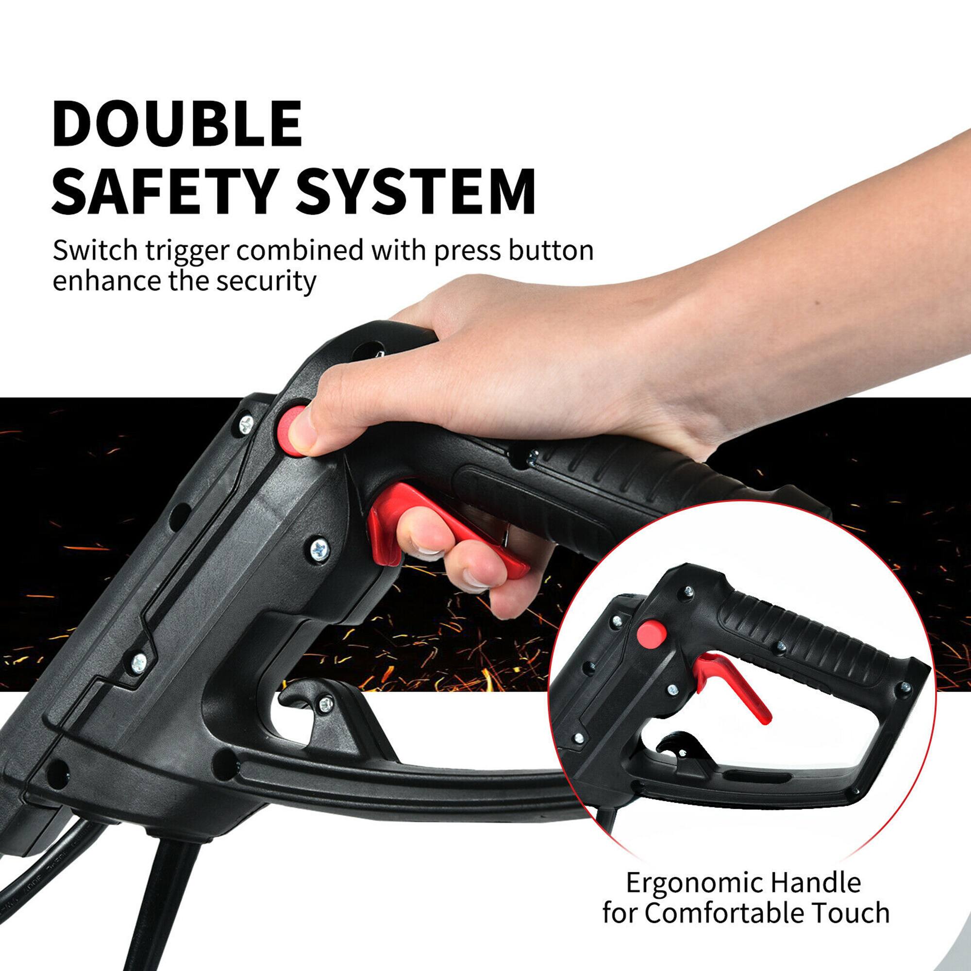 DOUBLE SAFETY SYSTEM  
Switch trigger combined with press button enhance the security  

Ergonomic Handle for Comfortable Touch