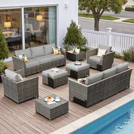 Ovios - 12 PCS Patio Furniture Set, 3 Seat Cushioned Sofa, Comfy Armchair with Ottoman & Coffee Table - Dark Gray