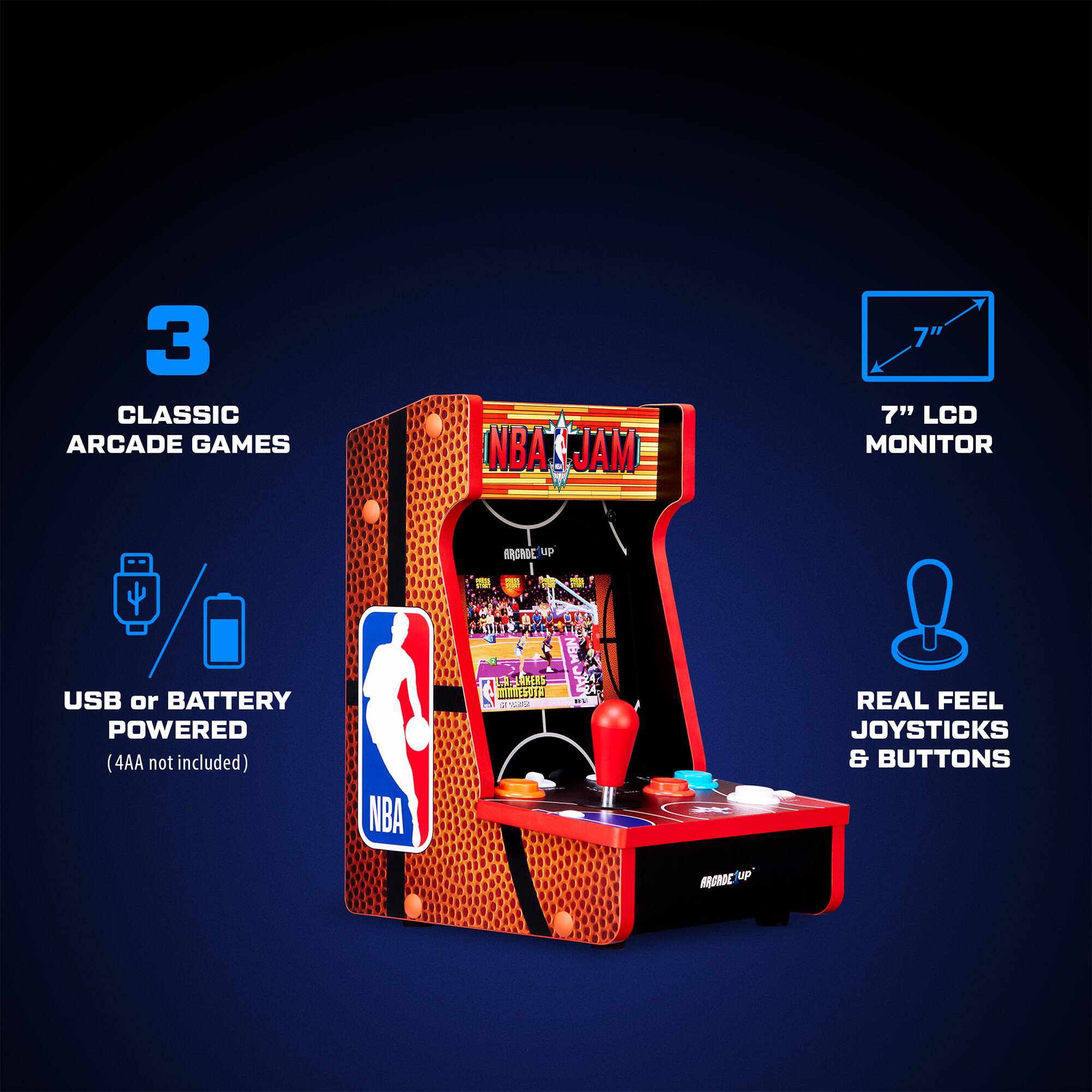 3 CLASSIC ARCADE GAMES  
INBA JAM  
7" LCD MONITOR  
USB or BATTERY POWERED (4AA not included)  
NBA  
REAL FEEL JOYSTICKS & BUTTONS