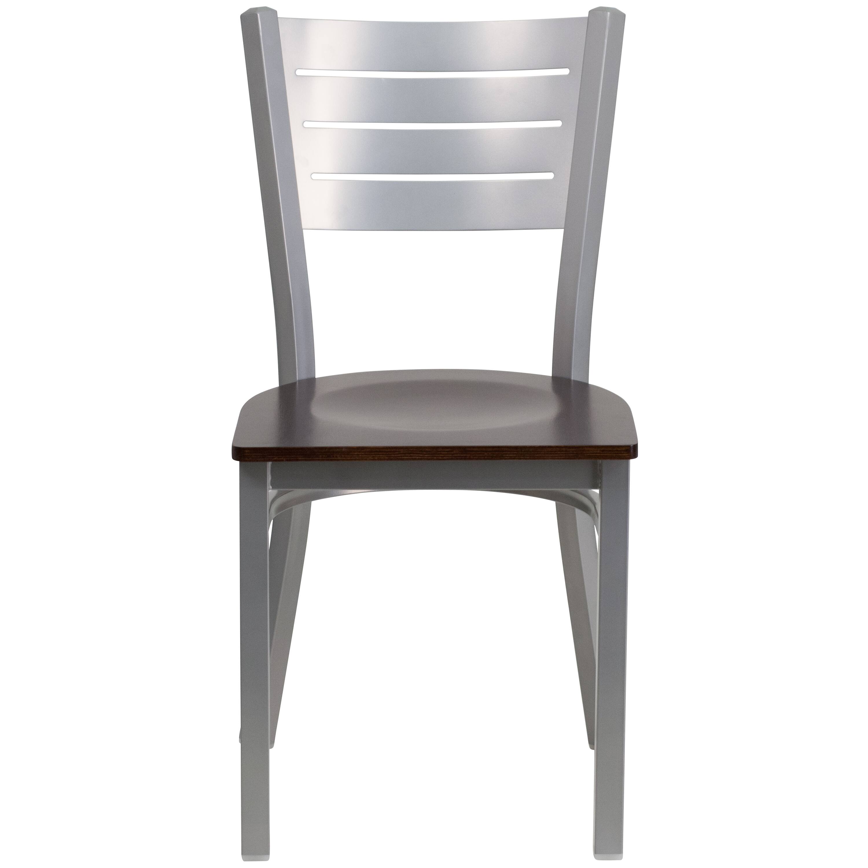 Alt View 6. Emma + Oliver - 2 Pack Silver Slat Back Metal Restaurant Chair - Walnut Wood Seat/Silver Frame.