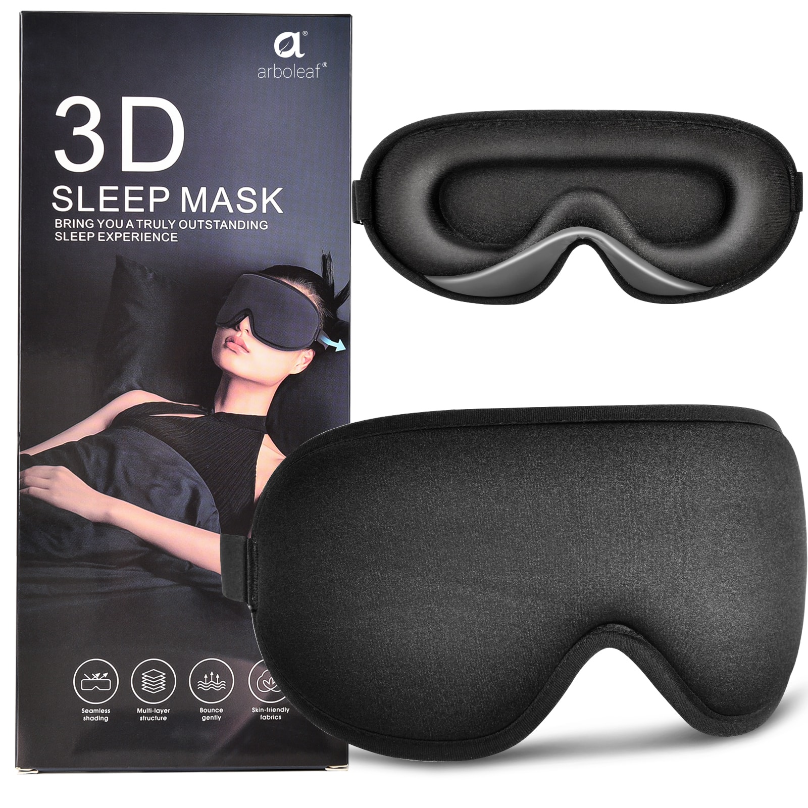 A Arboleaf 3D Sleep Mask brings you a truly outstanding sleep experience. The multi-layered sleep mask structure is designed to provide gentle compression, making it comfortable to wear.