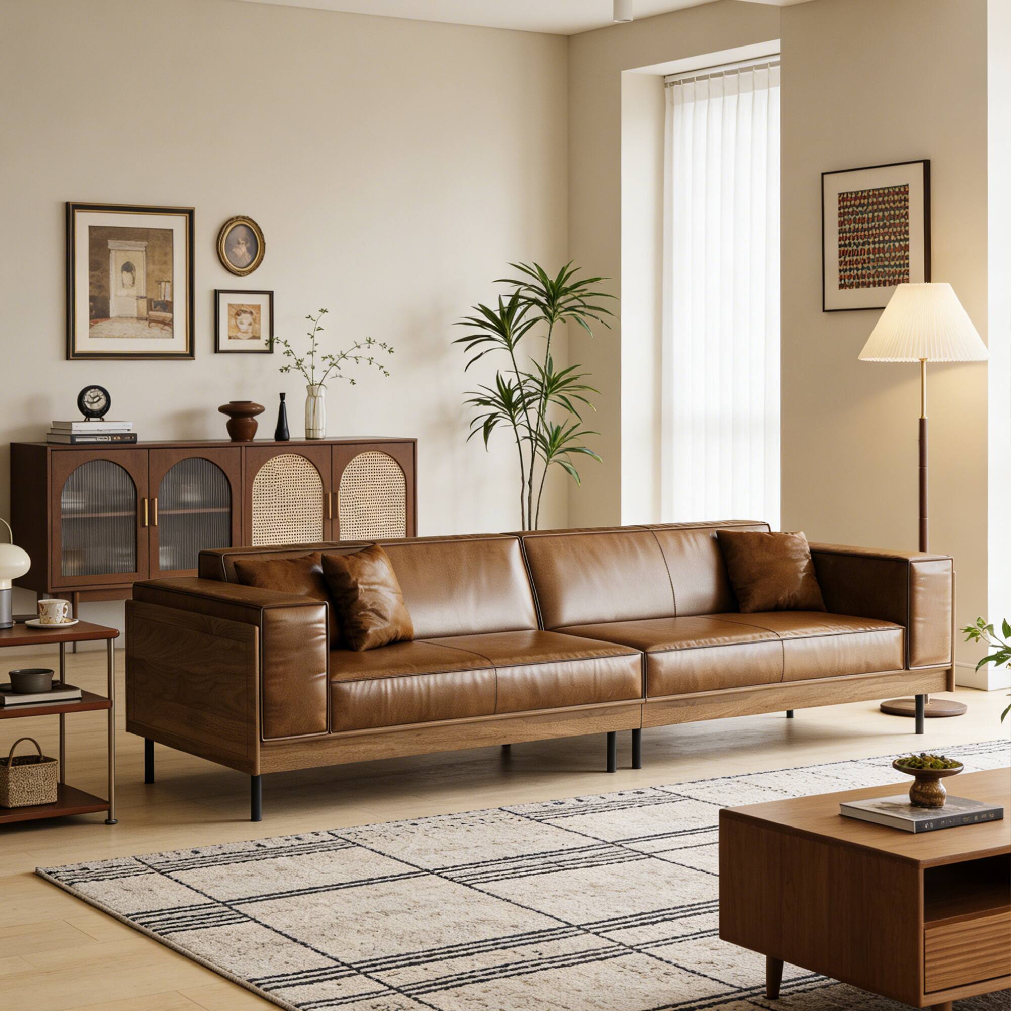 Alt View 6. luck idea - Mid-century Modern Leather Sofa With Wooden Accents, 4-seater Living Room Couch With 3 Throw Pillows - Brown.