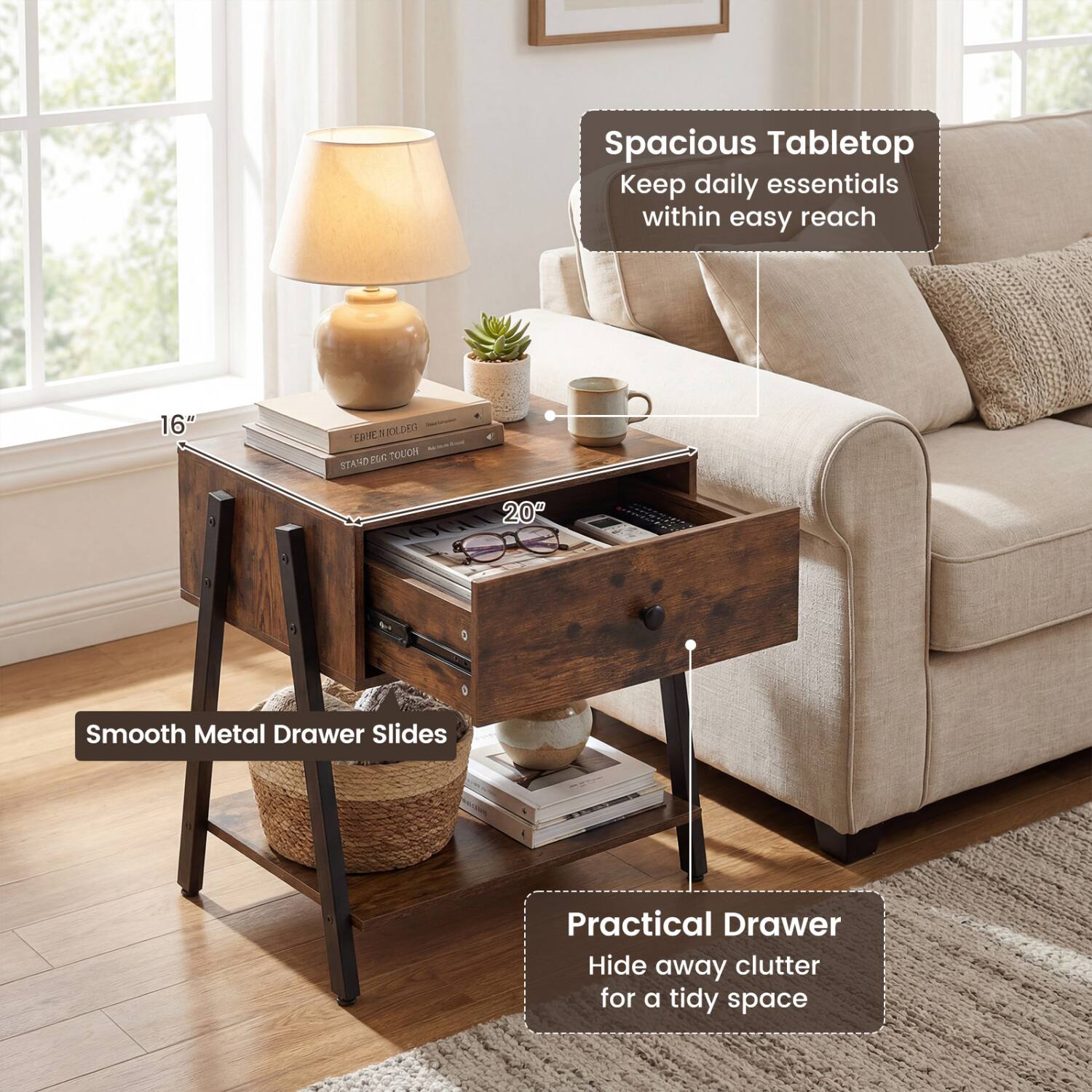 Spacious Tabletop  
Keep daily essentials within easy reach

16"  
ERNE A BOLDER EUG TOUCH STAND  
20"  
Smooth Metal Drawer Slides  
Practical Drawer  
Hide away clutter for a tidy space