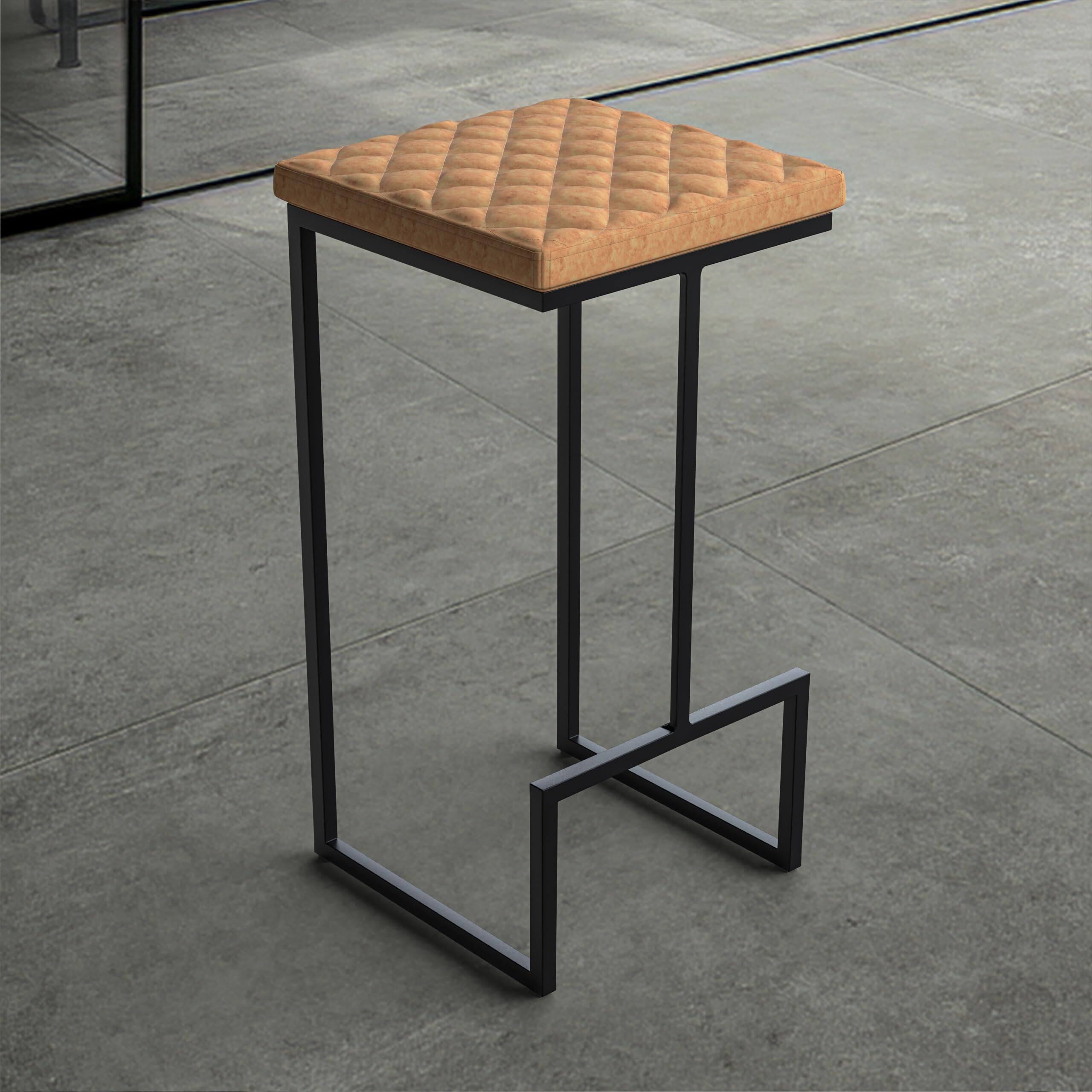 Angle. LeisureMod - Quincy Modern Quilted Leather Bar Stool with Black Metal Frame Counter Height Chair for Kitchen and Counter Seating - Light Brown.