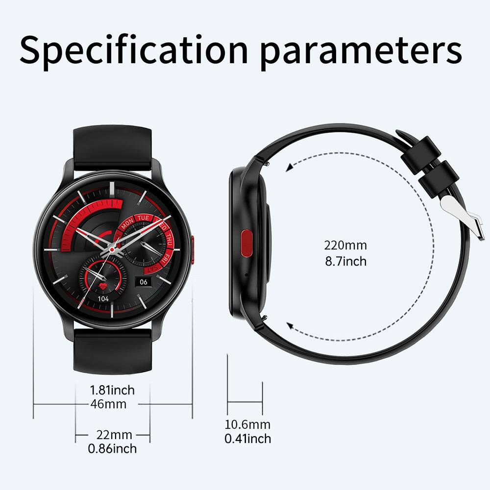 Specification parameters

- TUE MON ED THU FRI SAT 06
- 220mm 8.7inch
- 1.81inch 46mm
- 22mm 0.86inch
- 10.6mm 0.41inch
