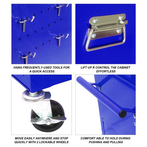 HANG FREQUENTLY-USED TOOLS FOR QUICK ACCESS  
LIFT UP R CONTROL THE CABINET EFFORTLESSLY  
MOVE EASILY ANYWHERE AND STOP QUICKLY WITH 2 LOCKABLE WHEELS  
COMFORTABLE TO HOLD DURING PUSHING AND PULLING