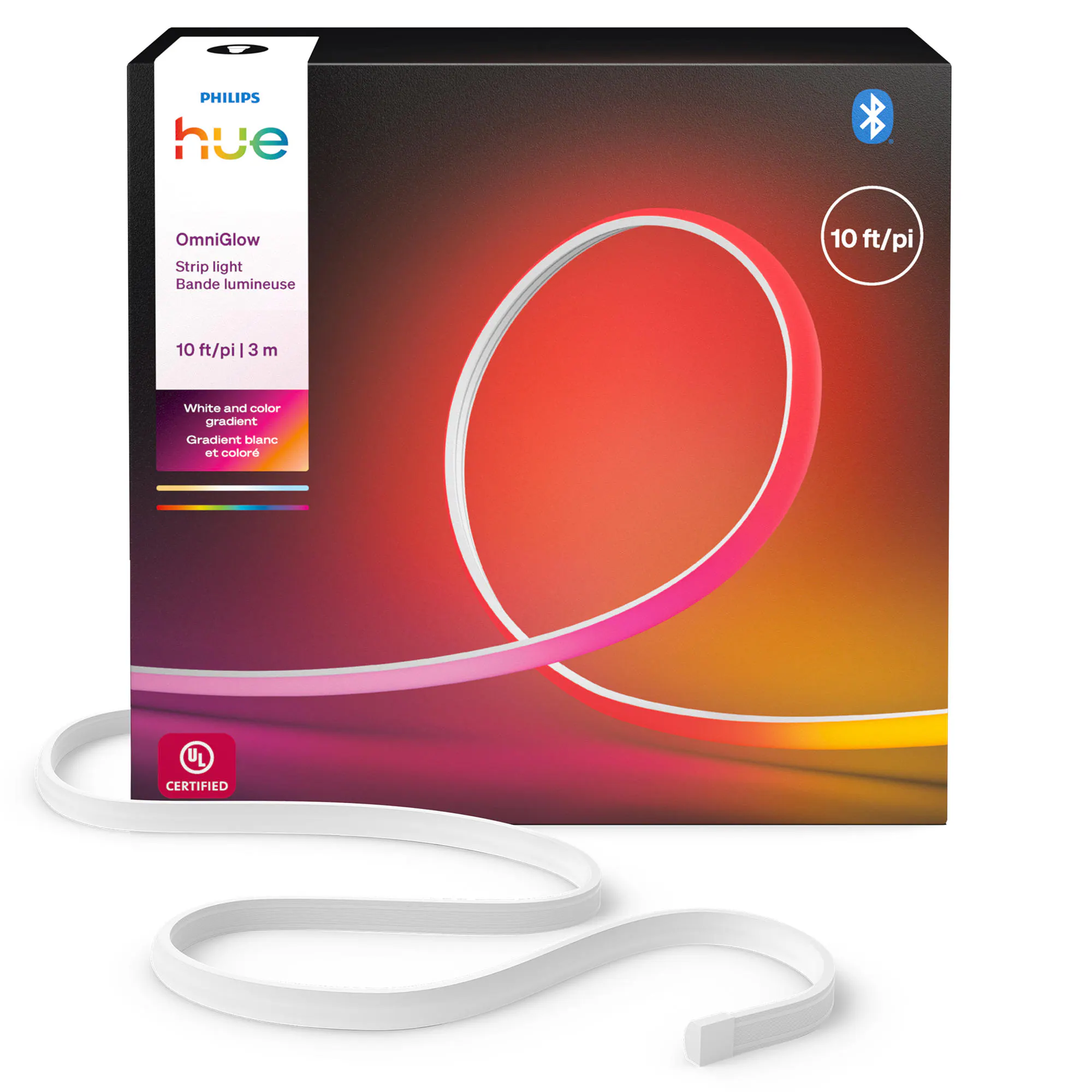 PHILIPS hue OmniGlow Strip light  
Bande lumineuse 10 ft/pi 10 ft/pi | 3 m  
White and color gradient  
Gradient blanc et coloré  
U CERTIFIED