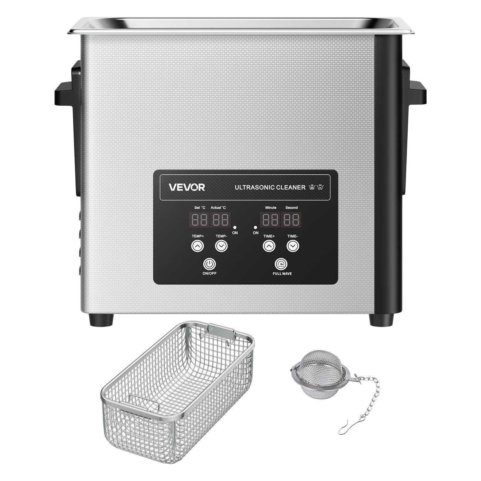 VEVOR  
ULTRASONIC CLEANER  
Set °C Actual °C  
88 88  
Minute Second  
88 88  
TEMP+ TEMP- ON  
TIME+ TIME- ON/OFF  
FULL WAVE