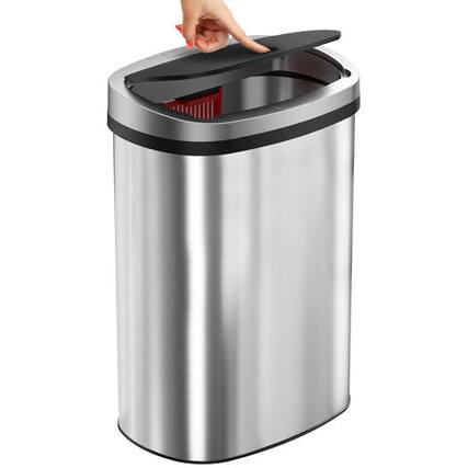 Front. iTouchless - 13 Gallon Stainless Steel Press Lid Kitchen Trash Can with AbsorbX Odor Filter - Silver.