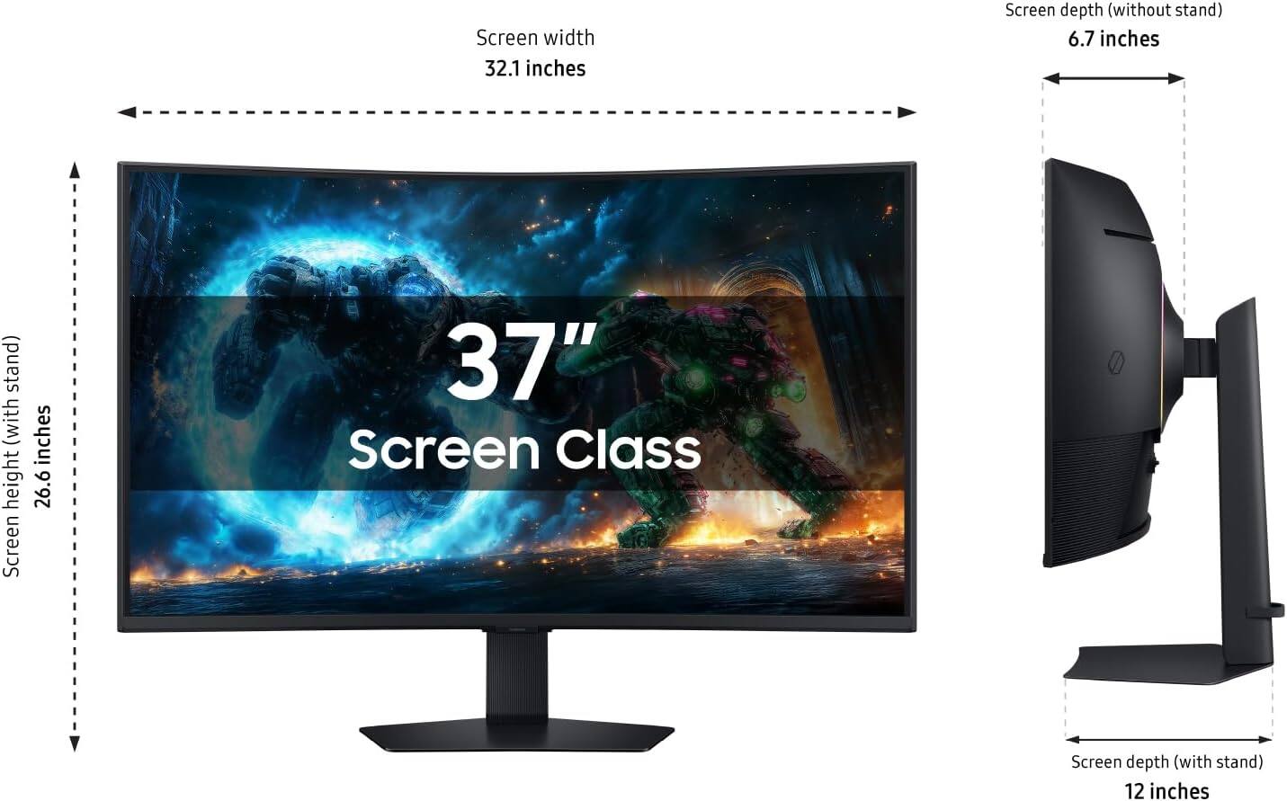Screen width: 32.1 inches  
Screen height: 26.6 inches  
Screen depth (without stand): 6.7 inches  
Screen depth (with stand): 12 inches