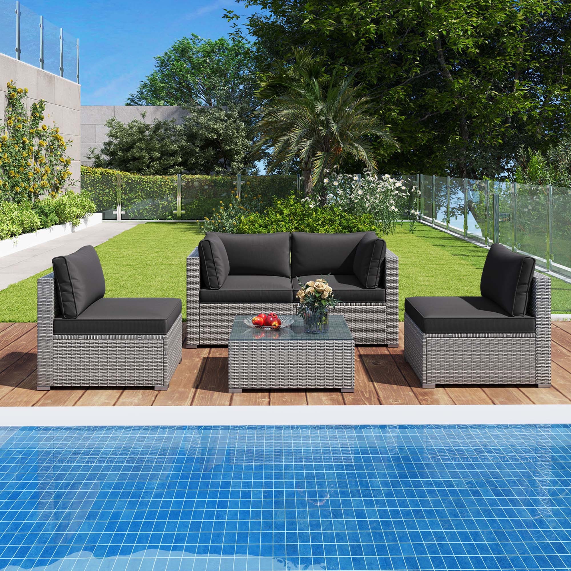 Alt View 3. Costway - Costway 5 PCS Outdoor Patio Sectional Sofa Couch PE Rattan Conversation Set - Black.