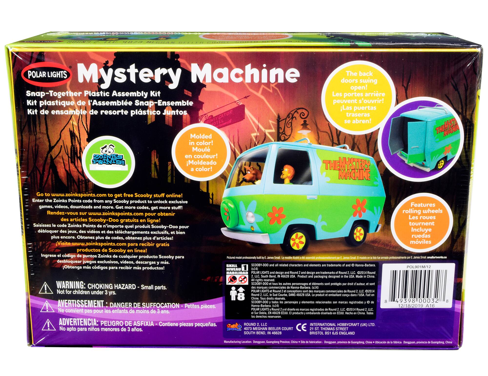 **Mystery Machine**

**POLAR LIGHTS**  
Snap-Together Plastic Assembly Kit  
Kit plastique de l'Assemblage Snap-Ensemble  
Kit de ensamble de resorte plástico  

**Molded in color!**  
Moulé en couleur!  
¡Moldeado a color!  

**The back doors swing open!**  
Les portes arrière peuvent s'ouvrir!  
¡Las puertas traseras se abren!  

**Features rolling wheels**  
Les roues tournent  
Incluye ruedas  

**Go to www.zoinkspoints.com to get free Scooby stuff online!**  
Enter the Zoinks Points code from any Scooby product to unlock exclusive games, videos, downloads and more.  
Rendez-vous sur www.zoinkspoints.com pour obtenir des articles Scooby-Doo gratuits en ligne!  
Saisissez le code Zoinks Points de n'importe quel produit Scooby-Doo pour débloquer des jeux, des vidéos et des téléchargements exclusifs, plus encore. Obtenez plus de codes, obtenez plus d'articles!  
Visite www.zoinkspoints.com para recibir gratis productos Scooby