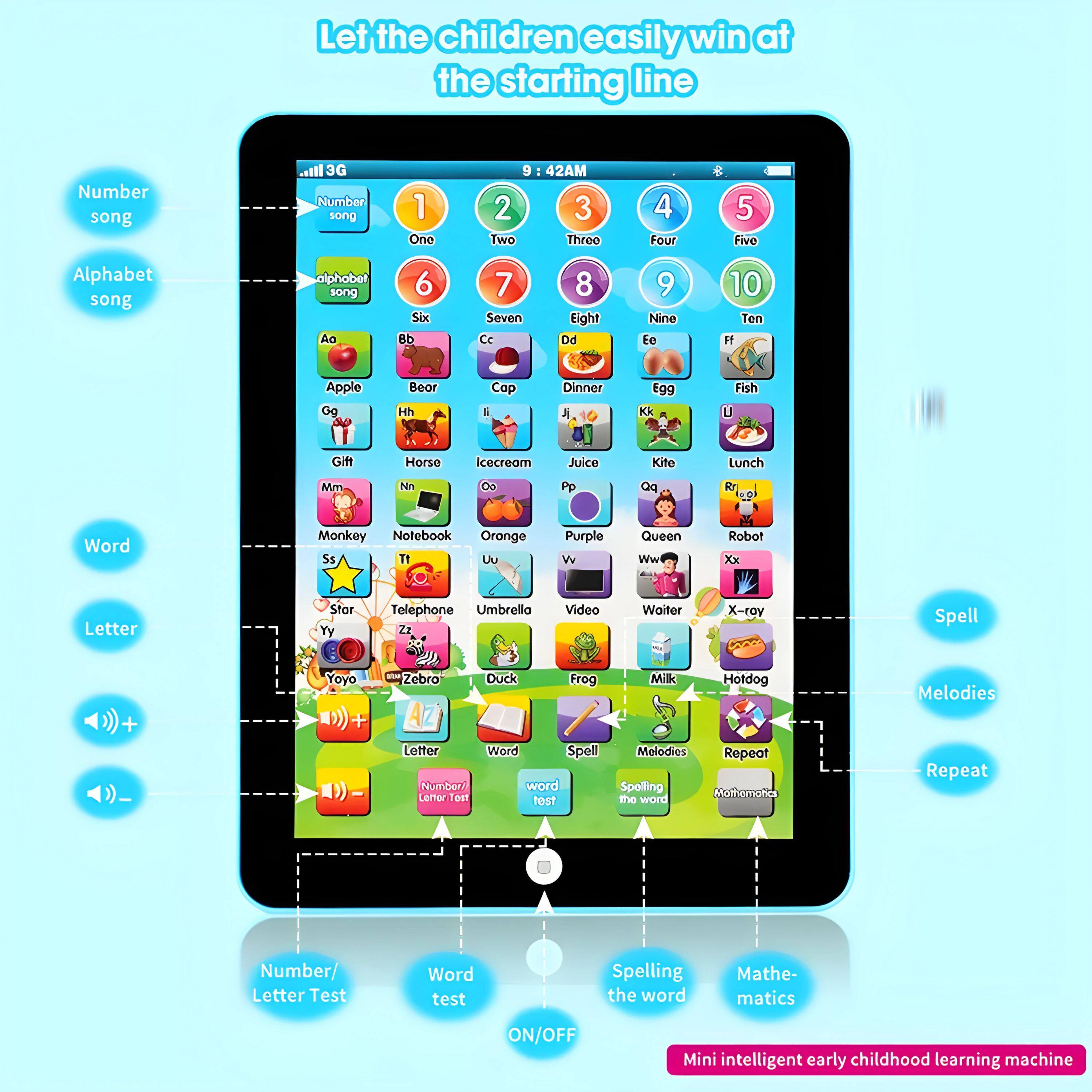 Let the children easily win at the starting line

Number song
1 One
2 Two
3 Three
4 Four
5 Five
6 Six
7 Seven
8 Eight
9 Nine
10 Ten

Alphabet song
Aa Apple
Bb Bear
Cc Cap
Dd Dinner
Ee Egg
Ff Fish
Gg Gift
Hh Horse
Ii Icecream
Jj Juice
Kk Kite
Ll Lunch
Mm Monkey
Nn Notebook
Oo Orange
Pp Purple
Qq Queen
Rr Robot
Ss Star
Tt Telephone
Uu Umbrella
Vv Video
Ww Water
Xx X-ray
Yy Yoyo
Zz Zebra

Word
Spell
Melodies
Repeat

Letter
Number/Letter Test
Word test
Spelling the word
Mathematics

ON/OFF

Mini intelligent early childhood learning machine