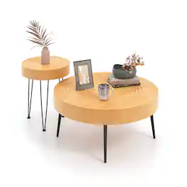 Costway - Round Coffee Table Set of 2 End Table Finish for Living Room - Natural
