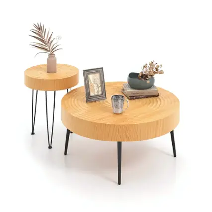 The image features a wooden table with a variety of items on it. There is a cup, a vase, a potted plant, a book, and a picture frame. The table is placed on top of two stools, and the items are arranged in a way that creates a cozy and inviting atmosphere. The presence of the cup suggests that the table is used for enjoying a hot beverage, while the book and picture frame indicate that it may also serve as a space for relaxation and leisure. The potted plant adds a touch of nature to the scene, making it an appealing and comfortable space for spending time in.
