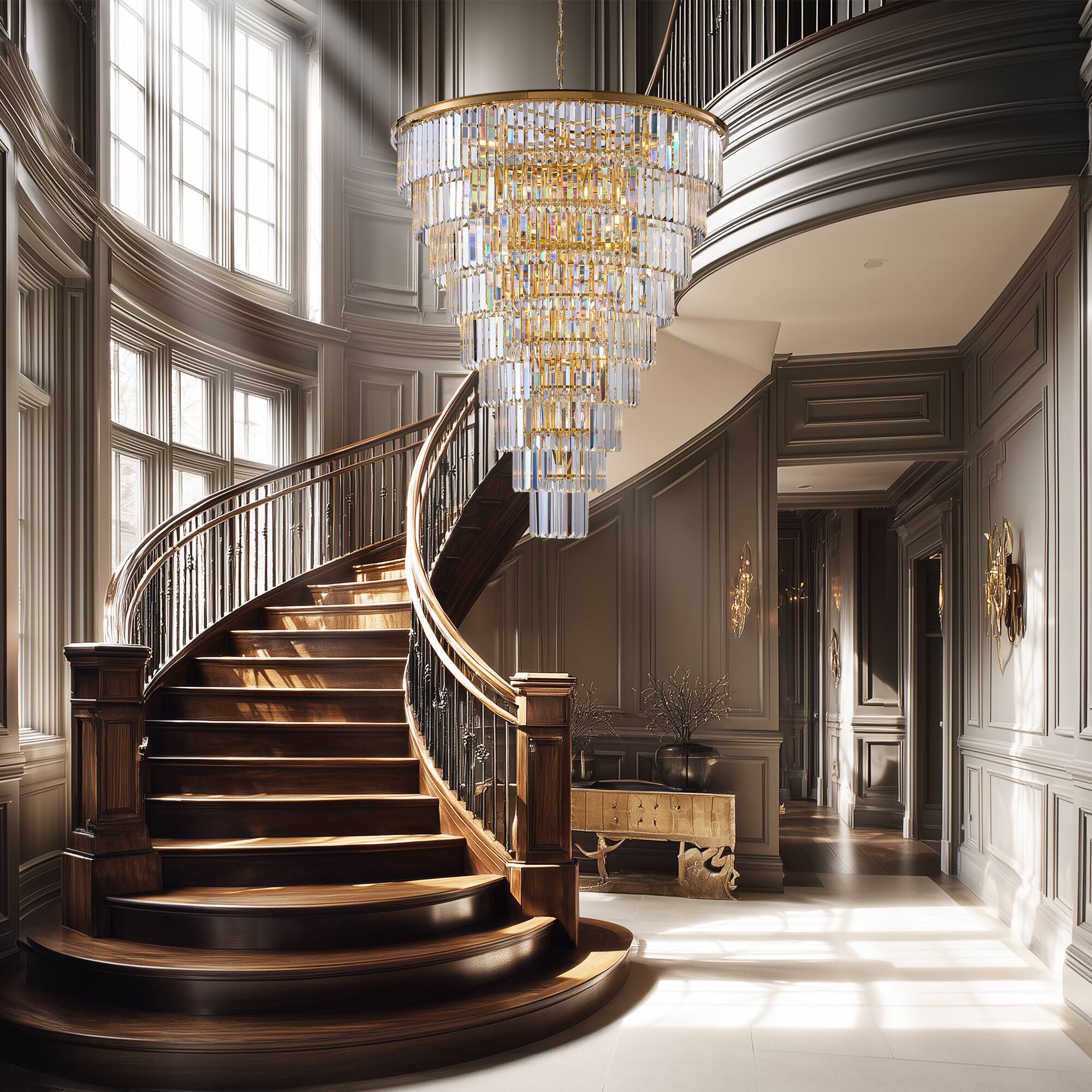 Alt View 2. Boyel Living - 48 Inch Gold Tiered Crystal Tube Chandelier 45 Light E12 Pendant with 580 Crystal Rods.