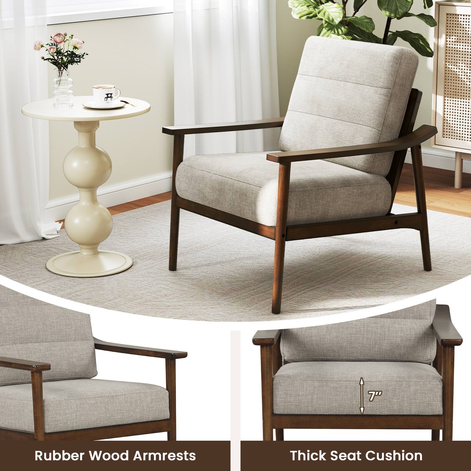 7" Rubber Wood Armrests  
Thick Seat Cushion